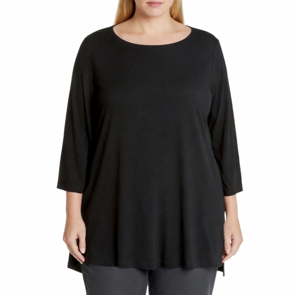 Eileen Fisher XL Black Viscose Jersey Bateau Neck Tunic High Low Hem Stretch
